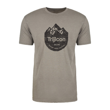 Warm gray tee with mountain image and Trijicon logo on front in black print