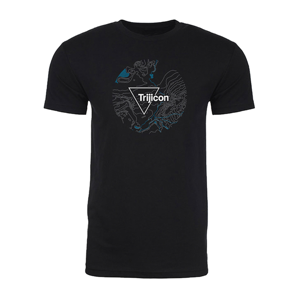 Black cotton/poly short sleeve tshirt with a topographical line design on the front