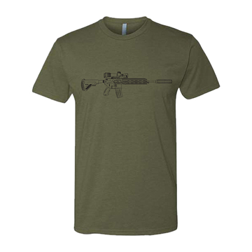 Military Green tee with service rifle and trijicon logo on front in black print