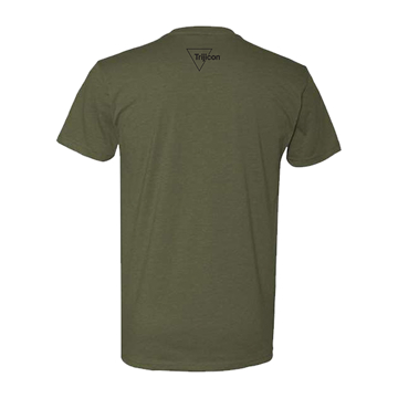 Military Green tee with service rifle and trijicon logo on front in black print