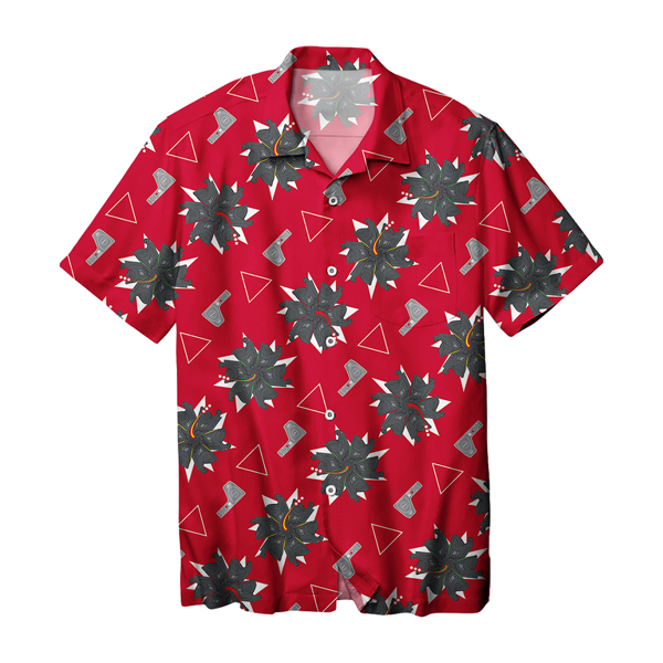 Image of a red and gray Hawaiian tee with a Trijicon pattern