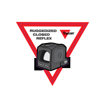 Ruggedized Closed Reflex Sight sticker featuring a red triangle with a black outline, a black illustration of the Trijicon sight, and the text "RUGGEDIZED CLOSED REFLEX Trijicon"