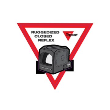 Ruggedized Closed Reflex Sight sticker featuring a red triangle with a black outline, a black illustration of the Trijicon sight, and the text "RUGGEDIZED CLOSED REFLEX Trijicon"