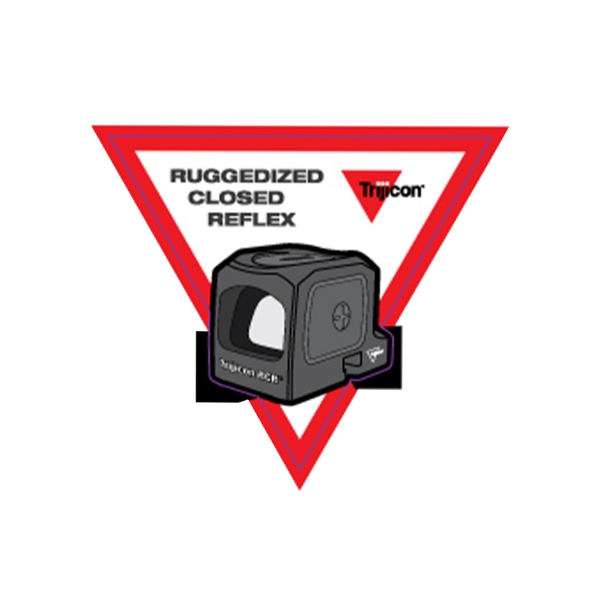 Ruggedized Closed Reflex Sight sticker featuring a red triangle with a black outline, a black illustration of the Trijicon sight, and the text "RUGGEDIZED CLOSED REFLEX Trijicon"