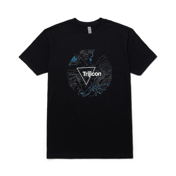 Black cotton/poly short sleeve tshirt with a topographical line design on the front