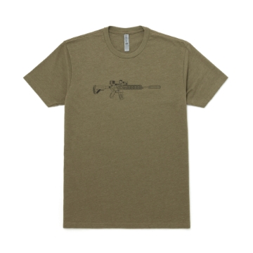 Military Green tee with service rifle and trijicon logo on front in black print