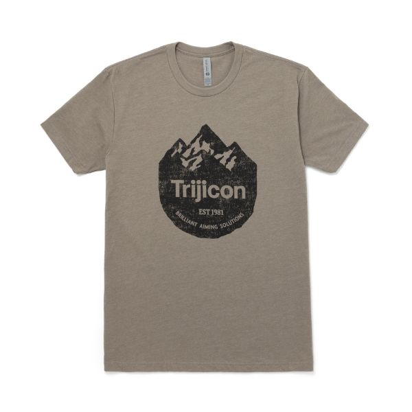 Warm gray tee with mountain image and Trijicon logo on front in black print