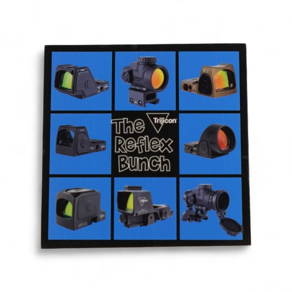 Trijicon The Reflex Bunch decal featuring eight reflex and red dot sight designs on a blue grid background.