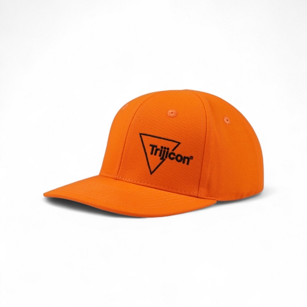 Trijicon Blaze Orange Hat shown from a front angle, featuring a flat brim and black embroidered Trijicon logo on the front panel.