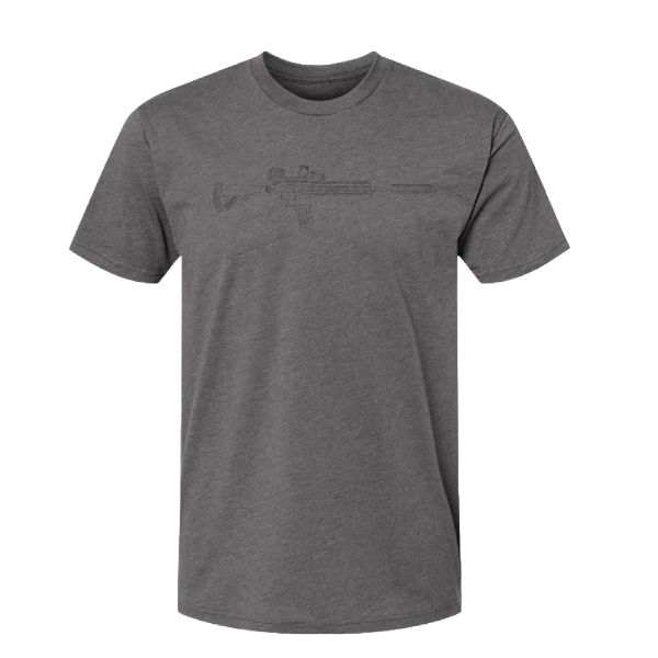 Charcoal‑gray t‑shirt with line‑art rifle graphic on the front