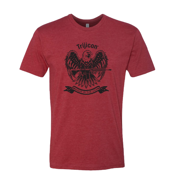 Red t‑shirt with eagle graphic holding a rifle and “Made in the USA” banner