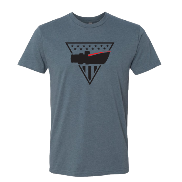 Indigo t‑shirt with triangle emblem and optic‑style graphic on the front