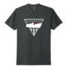 Charcoal t‑shirt with triangle emblem and optic‑style graphic on the front