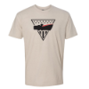 Sand-colored t‑shirt with triangle emblem and optic‑style graphic on the front