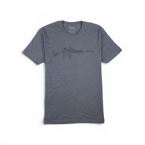 Charcoal‑gray t‑shirt with line‑art rifle graphic on the front