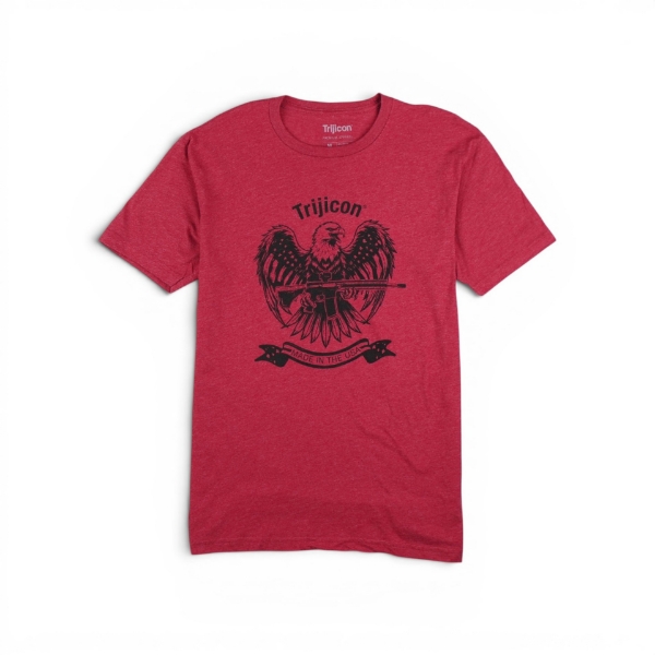 Red t‑shirt with eagle graphic holding a rifle and “Made in the USA” banner