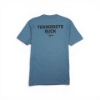 Back view of indigo t‑shirt with “TERRORISTS SUCK” text and small logo below