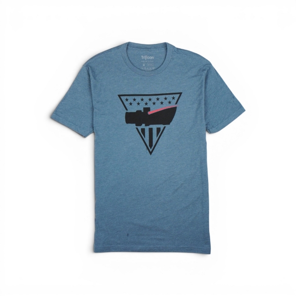 Indigo t‑shirt with triangle emblem and optic‑style graphic on the front