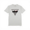 Sand-colored t‑shirt with triangle emblem and optic‑style graphic on the front
