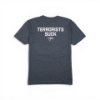 Back view of charcoal t‑shirt with “TERRORISTS SUCK” text and small logo below