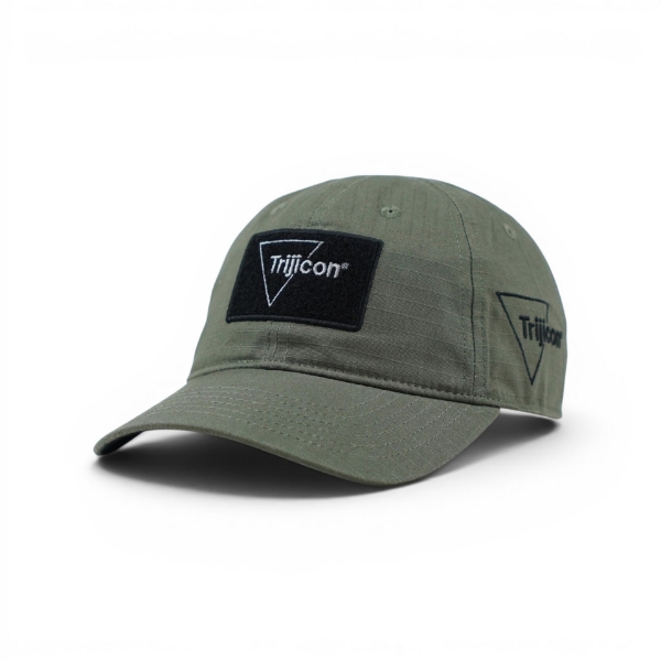 Side angle of green cap with tonal Trijicon logo detail