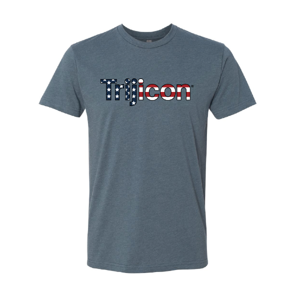 Trijicon 250th Anniversary Patriot Tee front view with American flag logo on indigo Next Level 6210 shirt