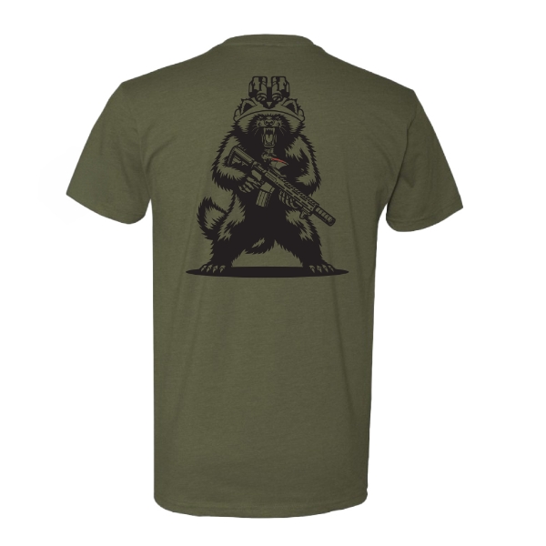 Back view of military green Trijicon Tactical Wolverine Tee featuring tactical wolverine graphic