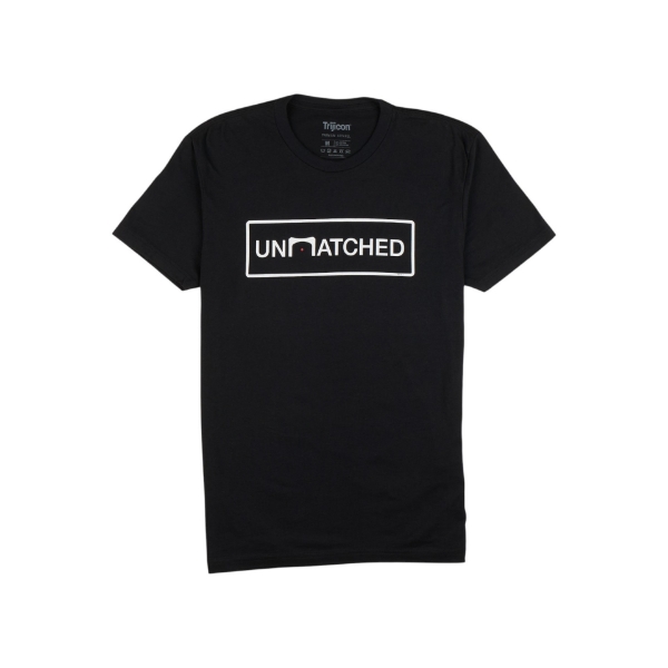 Front view of black Trijicon UNMATCHED Tee with UNMATCHED graphic