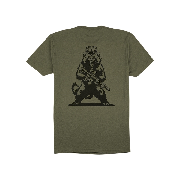 Back view of military green Trijicon Tactical Wolverine Tee featuring tactical wolverine graphic