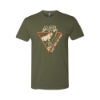 Front view of military green Trijicon Elk Tee with elk, triangle, and Built for the Hunt graphic