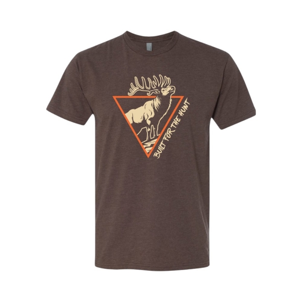 Front view of espresso Trijicon Elk Tee with elk, triangle, and Built for the Hunt graphic