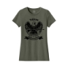 Front view of heathered olive Trijicon Women's Eagle Tee with eagle, firearm, and Made in the USA graphic