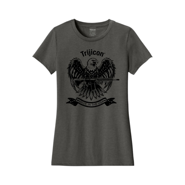 Front view of heathered charcoal Trijicon Women's Eagle Tee with eagle, firearm, and Made in the USA graphic