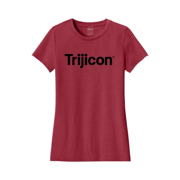 Front view of heathered red Trijicon Women's Wordmark Tee with black Trijicon logo