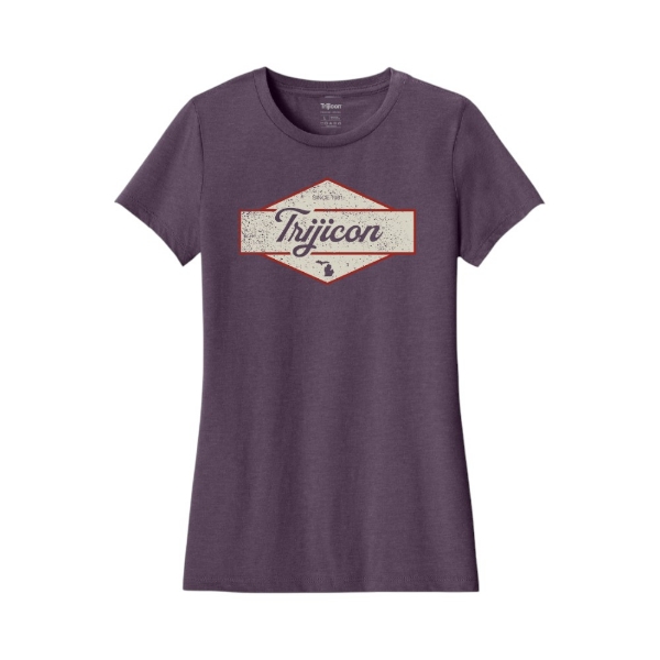 Front view of heathered eggplant Trijicon Women's Script Tee with distressed Trijicon heritage graphic