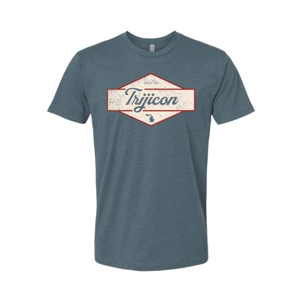 Front view of heather slate blue Trijicon Script Tee with distressed heritage-style Trijicon graphic